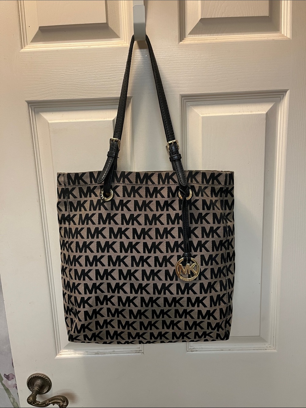 EUC Michael Kors Black & Brown MK Logo Tote with Gold Charm Leather Straps